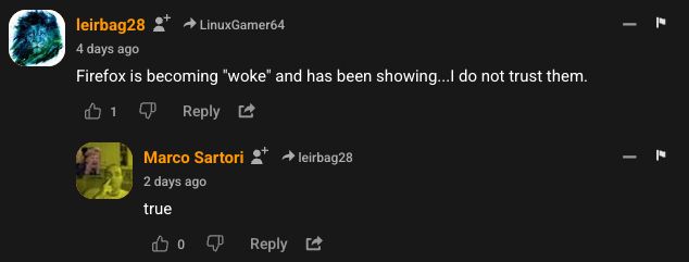 Screencapture about Zorin OS comments from OMG Ubuntu website, from an user saying that Firefox is a "woke" browser. Another user says "true" to this first affirmation.