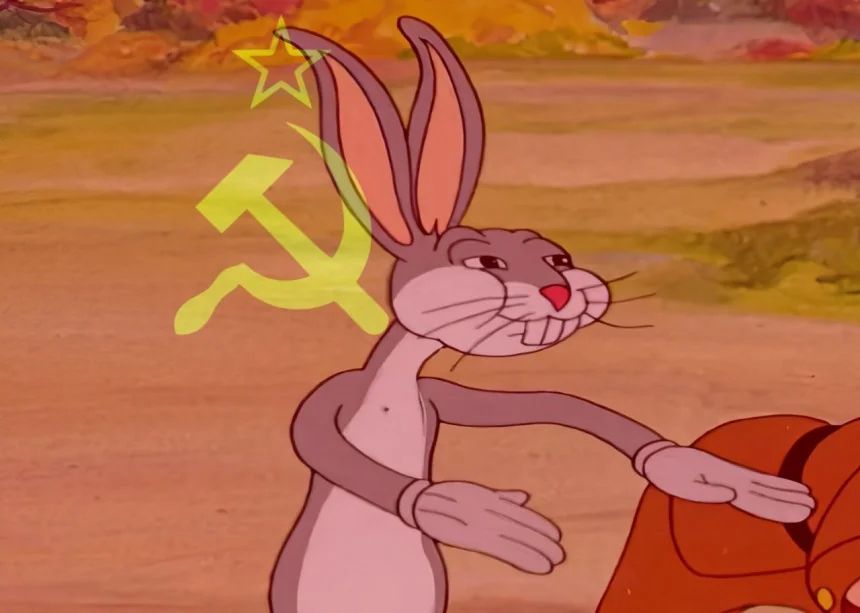 A meme with an old-fashioned bugs bunny and a hanger and sickle
