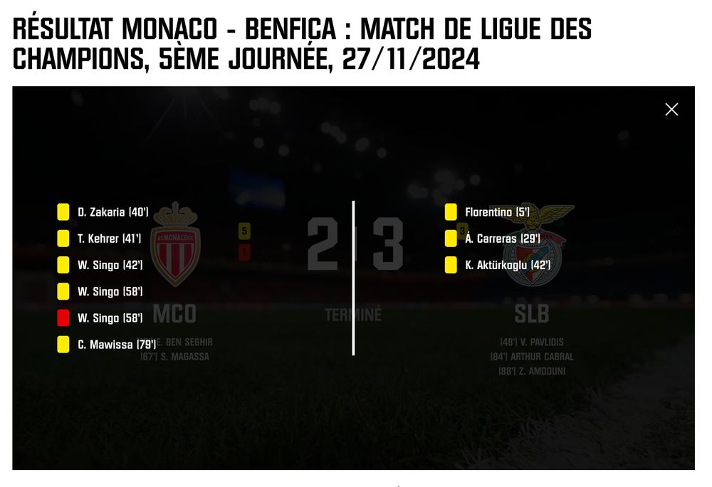 Détails des cartons du match présenté uniquement par la couleur