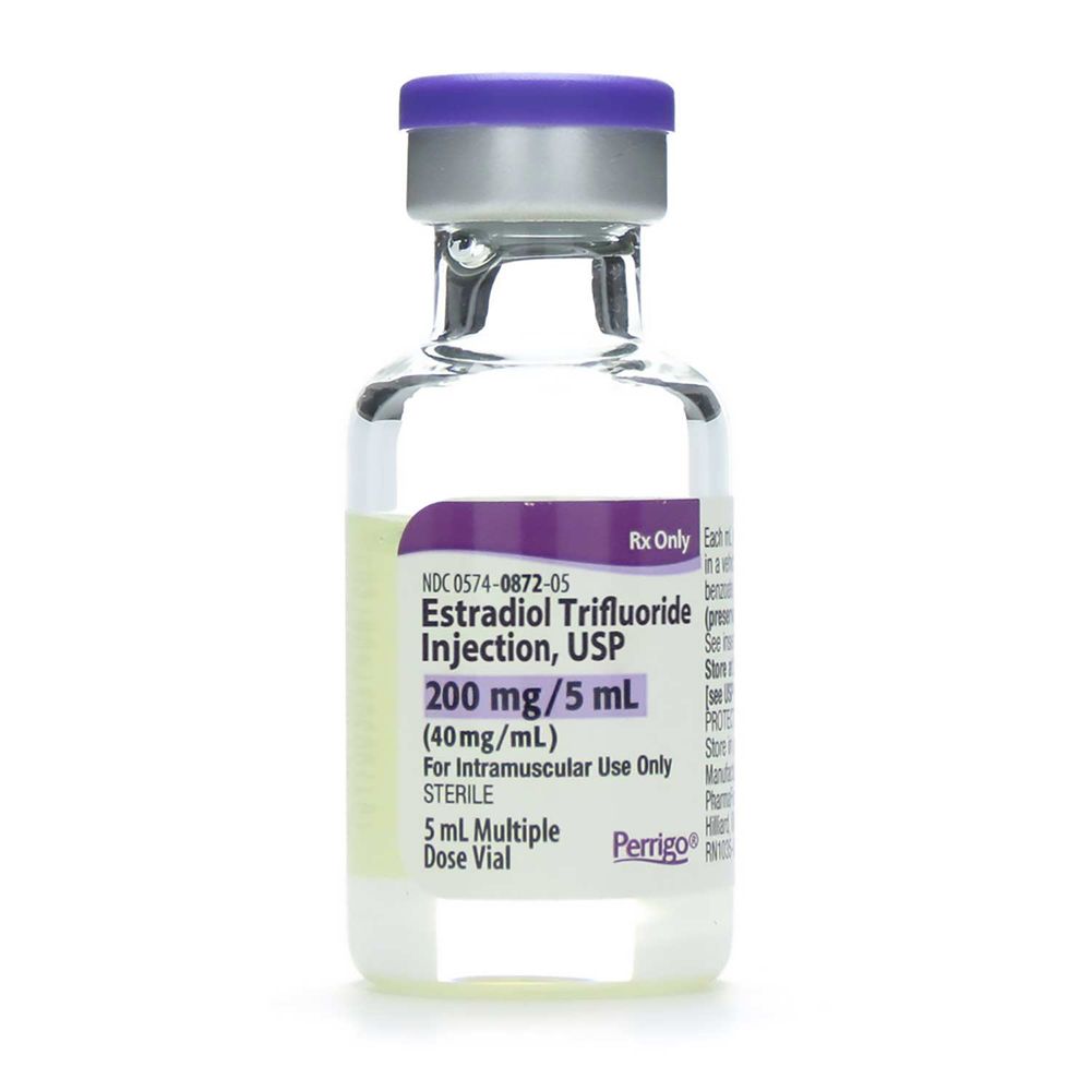 A photo of a vial of Estradiol Trifluoride, commonly believed to have the fastest effect of any Estrogen. It's a clear glass vial filled with liquid, with a purple and black label against a white background.