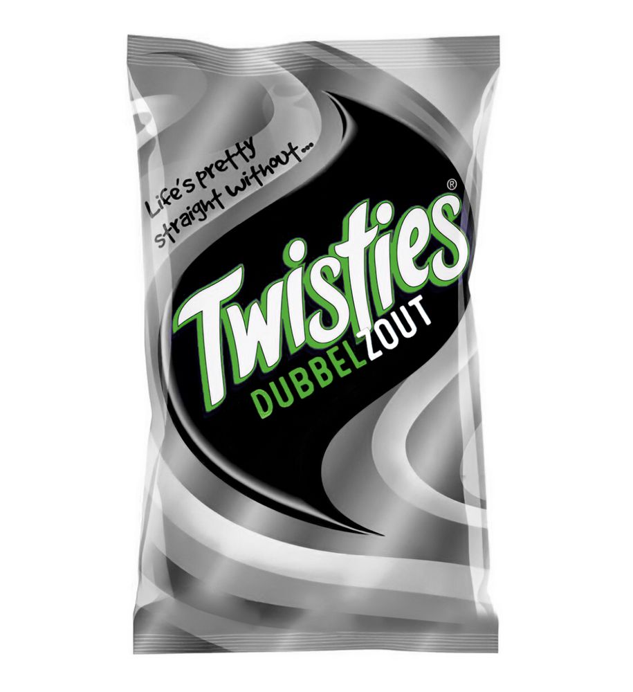 A packet of dubbelzout twisties in black grey and green packaging.