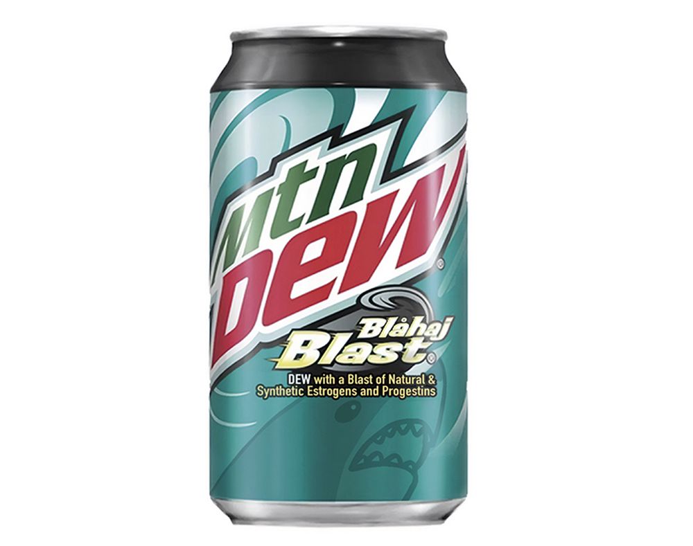 A photo of a can of Mountain Dew Blahaj Blast with a blast of natural & synthetic Estrogens & Progestins.