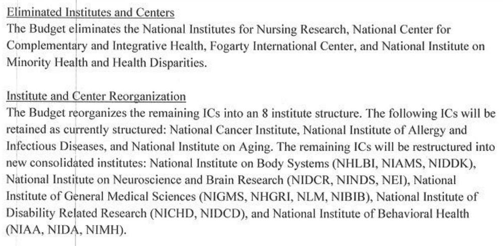 Photo of NIH-relevant text from HHS restructuring proposal, with headings "Eliminated Institutes and Centers" and "Institute and Center Reorganization."