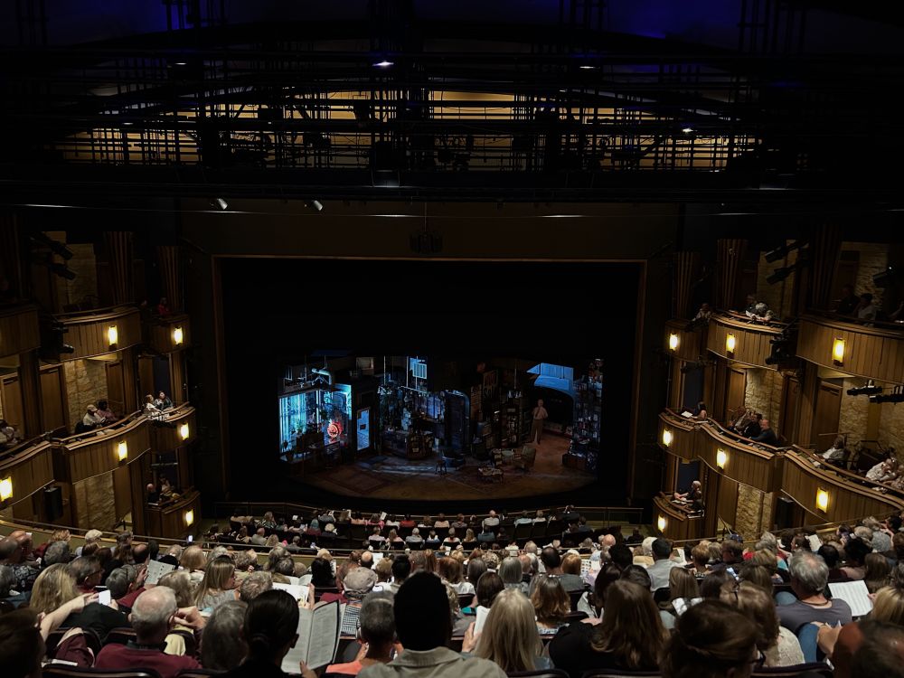 Stage of the Goodman Theatre which holds a set of a tv store. Packed audience.