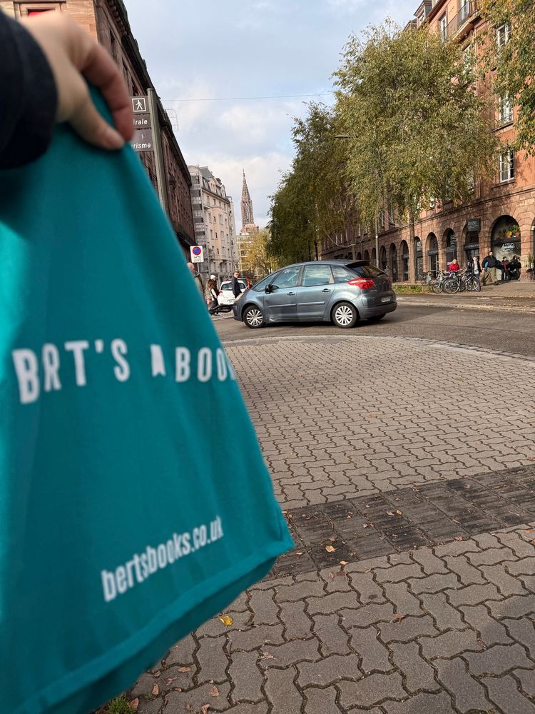 Totebag held in the left side wirha car in the middle part and a tall spire in the background. 