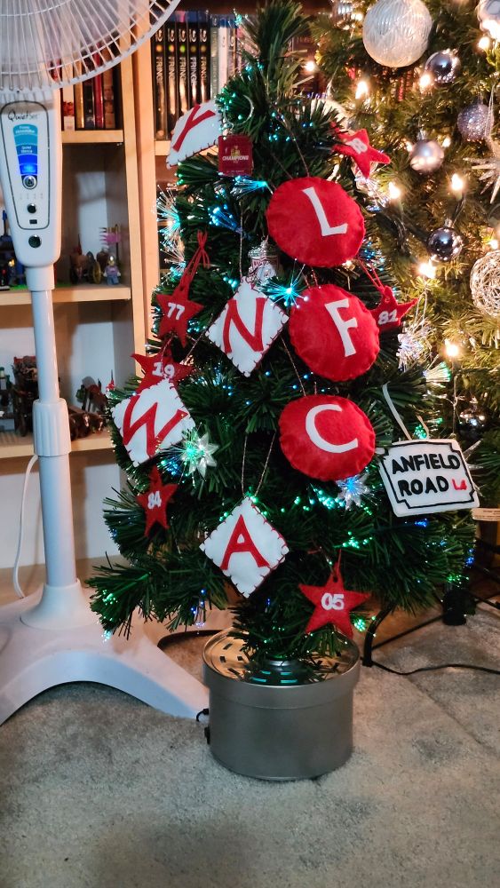 Christmas tree decorated with Liverpool FC ornaments