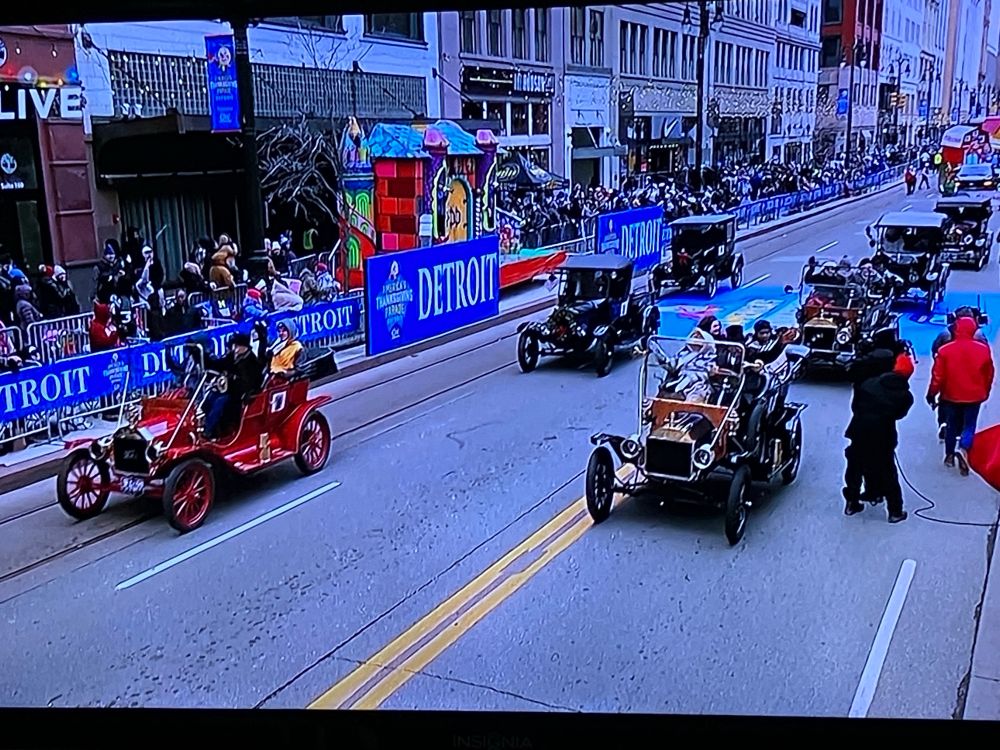 Gaggle of early Ford Model T cars in the Detroit Thanksgiving Parade