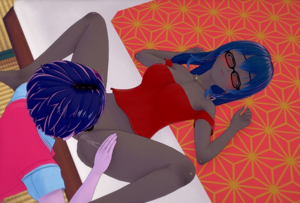 Sweet Scribe laying on a bed with her legs parted for her partner. Dusk Shine has his hands on her thighs while his face is eagerly lapping at her womanhood, a streak of her juices is visible on her thigh.