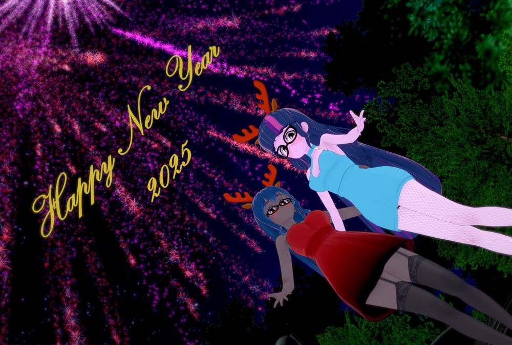 Sweet and Twilight standing outdoors underneath fireworks with a caption saying "Happy New Year 2025"