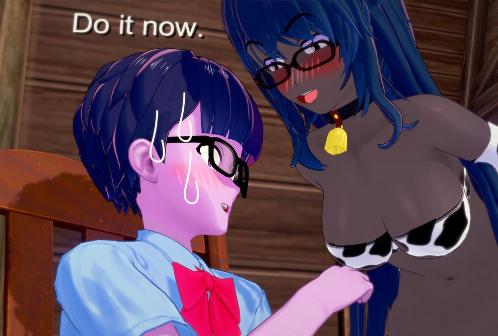 Sweet wearing a cow bikini, leaning forward towards Dusk and asking "Do it now."