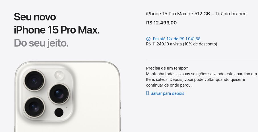 Apple Store page for the iPhone 15 Pro Max 512 GB phone, priced 12.5K BRL