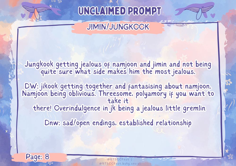 Jungkook getting jealous of namjoon and jimin and not being quite sure what side makes him the most jealous.  DW: jikook getting together and fantasising about namjoon. Namjoon being oblivious. Threesome, polyamory if you want to take it  there! Overindulgence in jk being a jealous little gremlin  Dnw: sad/open endings, established relationship