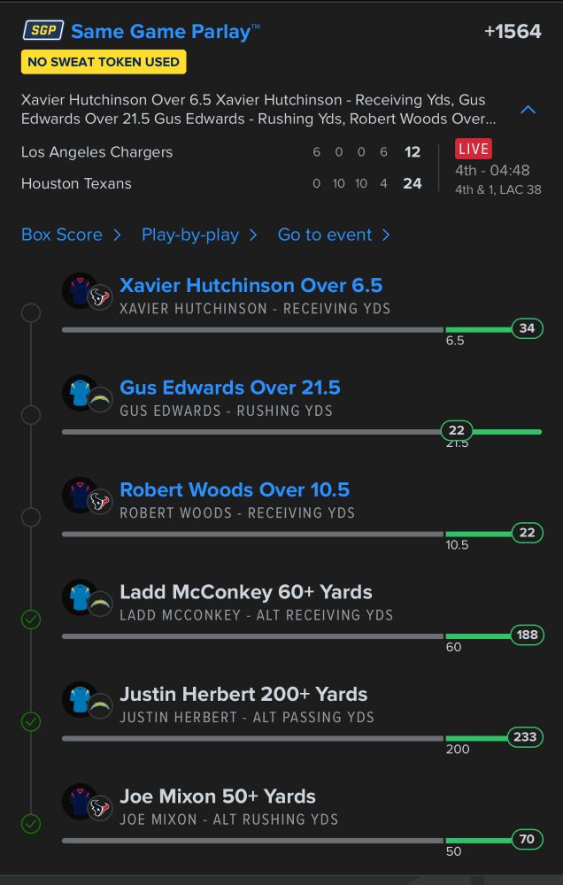 A winning NFL Playoffs 2025 FanDuel slip from the LAC HOU wildcard matchup. The parlay was 6 legs and added up to +1600