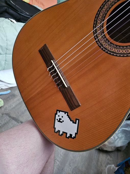 A acoustic guitar sits on OP's leg, the stringed side of the guitar facing the camera to reveal a sticker of Toby Fox the Annoying Dog in the bottom corner.