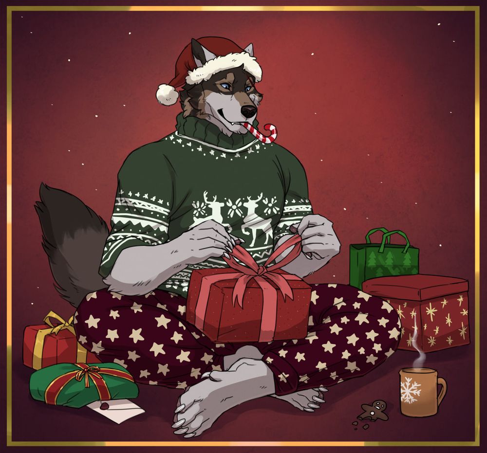 Anthro-wolf with Christmas presents - drawn by cbh