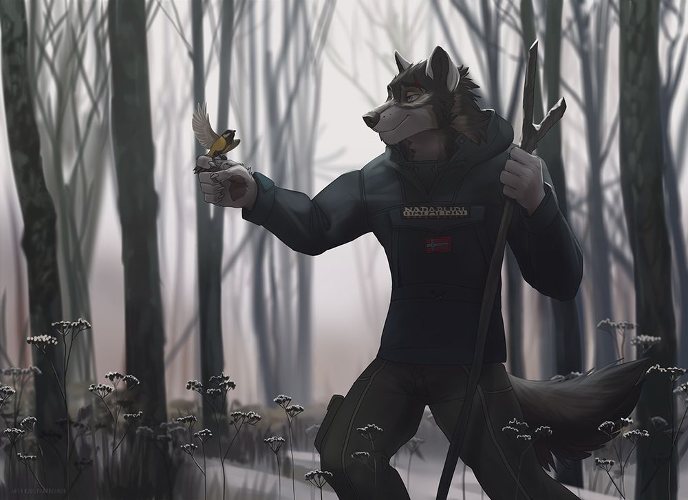 Anthro Wolf in Winter Clothes on a treck through the snowy forest, holding a bird in his hand