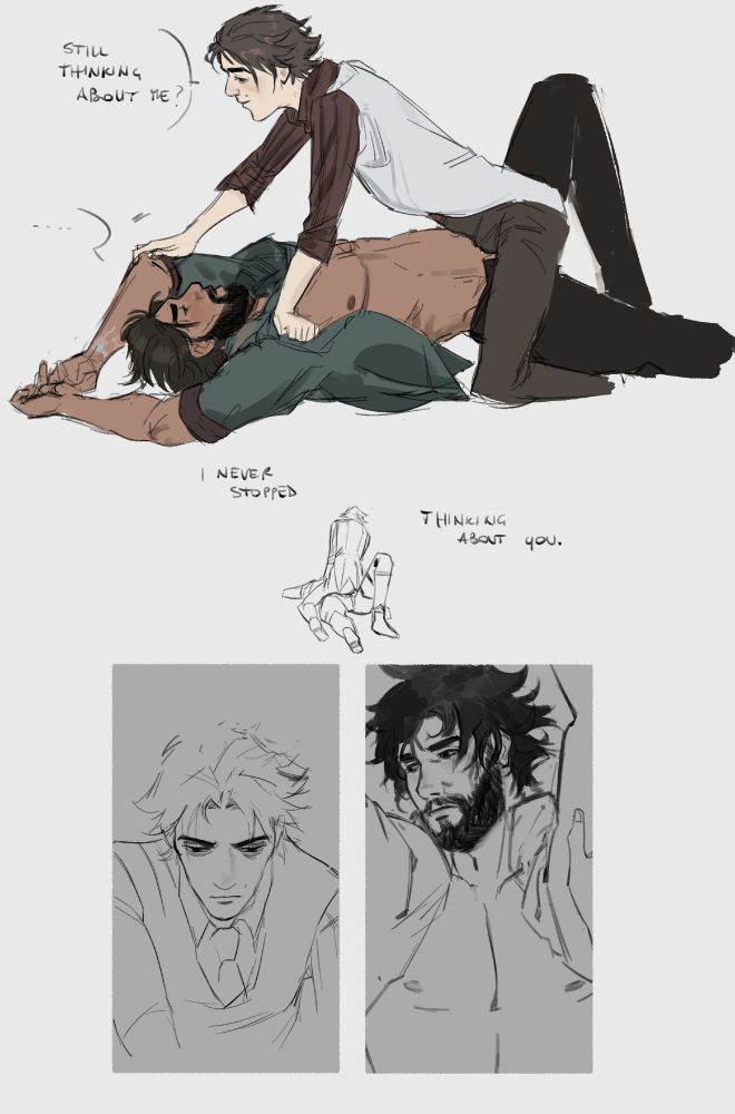 jayvik sketch (s2 jayce and s1 viktor) divided in three panels. first one is jayce on the ground, viktor on top of him, smiling and saying "still thinking about me?". second panel is them seen from afar, jayce saying "I never stopped thinking about you." third panel is viktor looking at jayce, not saying anything, and jayce looking away