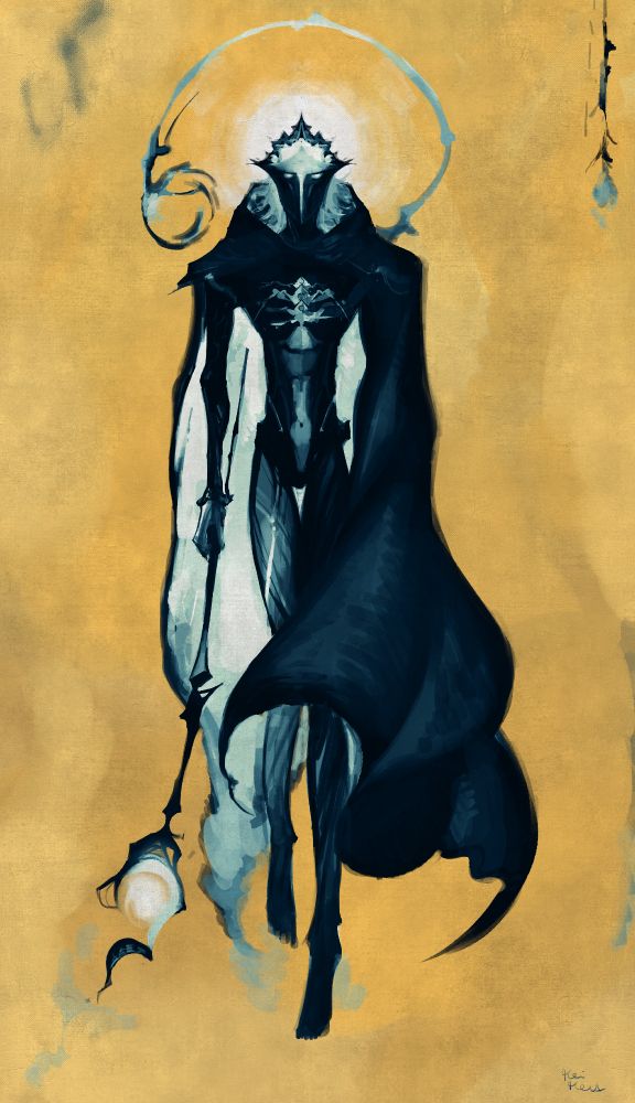 digital illustration of machine herald from tv series arcane. the painting is inspired by a famous yoshitaka amano painting