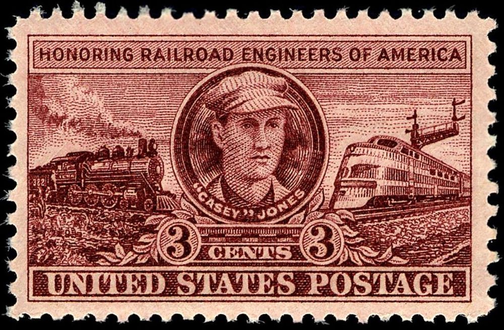 Stamp featuring Casey Jones and his overstoked steam engine. By U.S. Bureau of Engraving and Printing - Smithsonian National Postal Museum, Public Domain, https://commons.wikimedia.org/w/index.php?curid=153397768