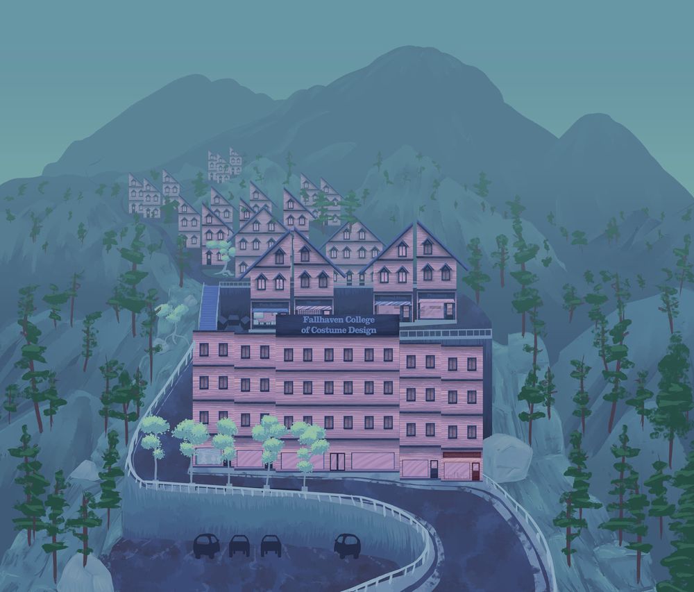 a painted picture of a town with pink and blue buildings in the the mountains