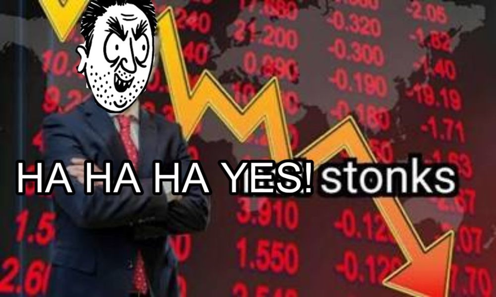 The Meme Man meme "Stonks" depicting a mannequin with a smile and a flat face (meme man) and a stock ticker icker icker behind him, with a jagged arrow going down. The face has been replaced by a famous meme called "sickos" and the original text of the stonks meme relaxed with HA HA HA YES! from the Sickos meme.