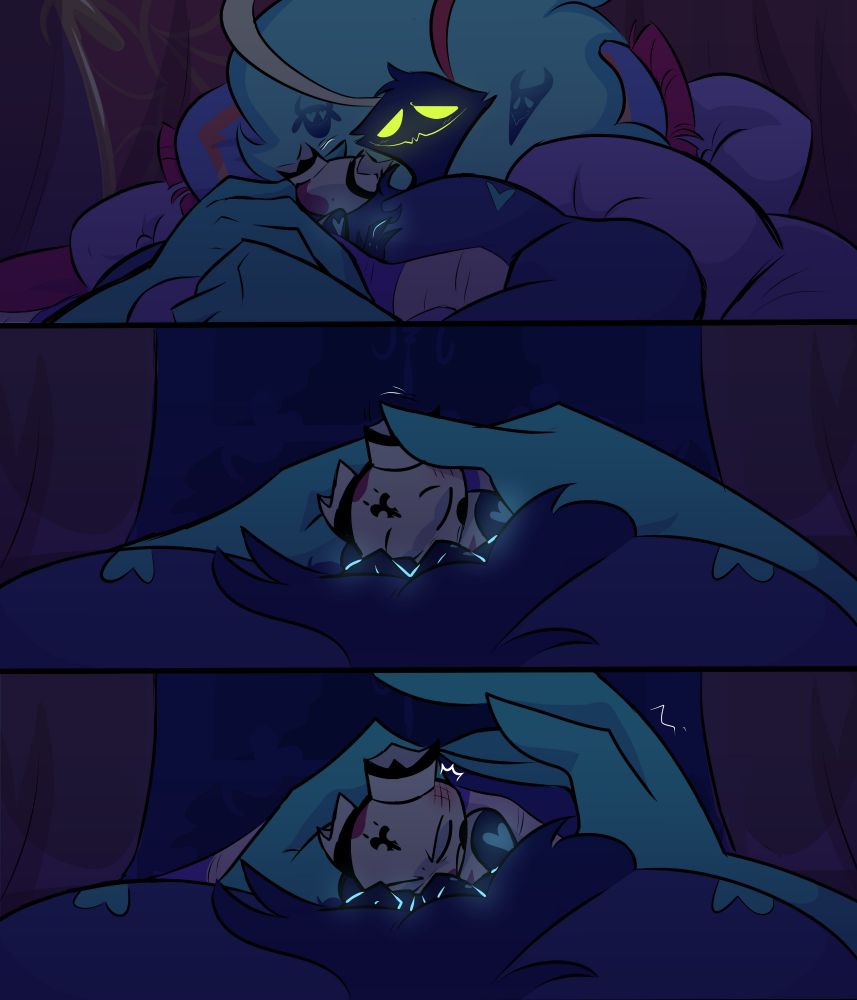 Helluva Boss comic. Asmodeus looks lovingly at Fizzarolli, who is sleeping soundly on his chest. Ozzie's thumb accidentally brushes a sore spot right under Fizz's horns, and Fizz stirs in his sleep.