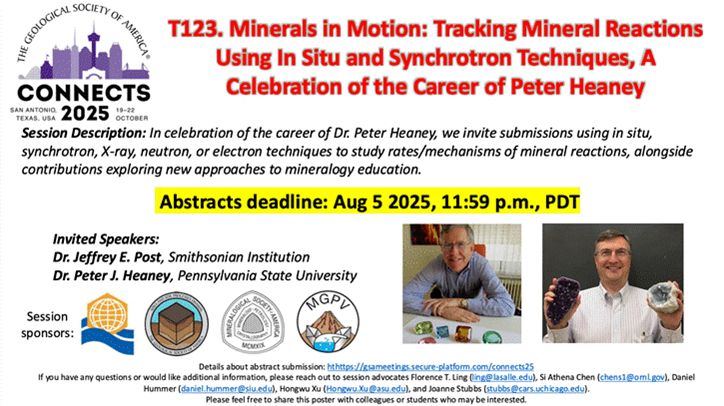 Please submit to our session at the GSA Connects meeting in October, number T123, titled Minerals in Motion: Tracking Mineral Reactions Using in Situ and Synchrotron Techniques, a Celebration of the Career of Peter Heaney.