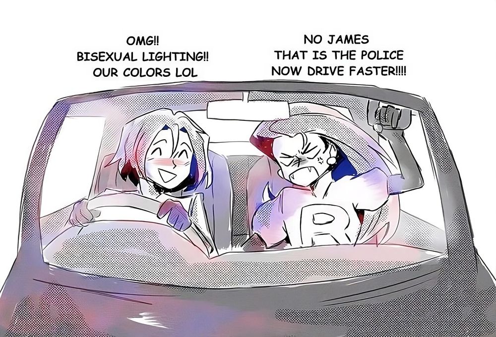 james: omg bisexual lighting, our colors lol
jessie: no james that is the police now drive faster