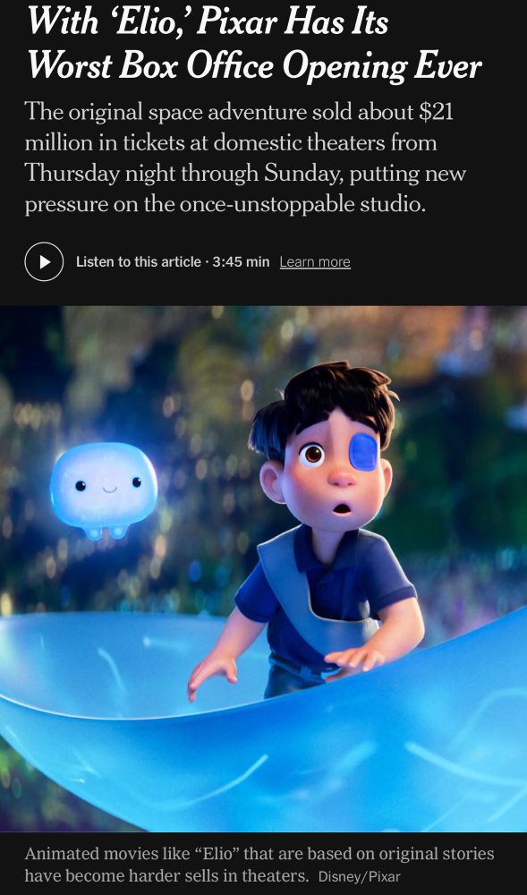 Headline reading: With ‘Elio,’ Pixar Has Its Worst Box Office Opening Ever
