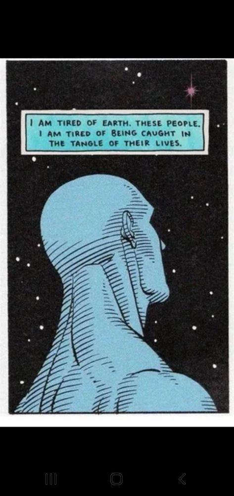 Comic panel reading: I am tired of earth. These people. I am tired of being caught in the tangle of their lives. 
