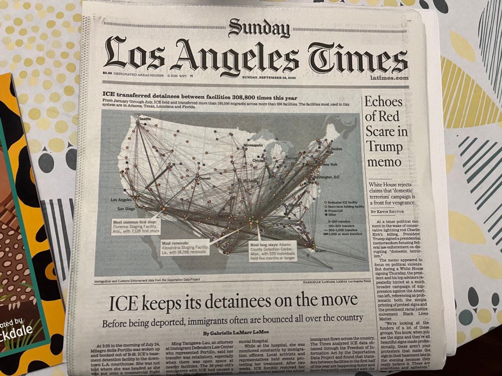 Front cover of the LA Times. Headlines are “Echoes of Red Scare in Trump memo” and “ICE keeps its detainees on the move” with an infographic illustrating 308,000 detainee transfers all over the continental US.