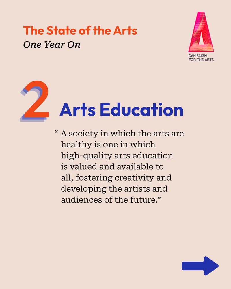 Heading of Arts Education with the description "A society in which the arts are healthy is one in which high-quality arts education is valued and available to all, fostering creativity and developing the artists and audiences of the future."
