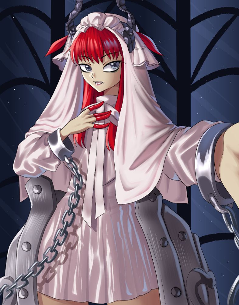 Drawing of Elisabeth of the end from FGO. She has red hair and is dressed all white. She has white veil on her head as well as horns. She's also got chains on her hands reaching her iron-maiden like parts