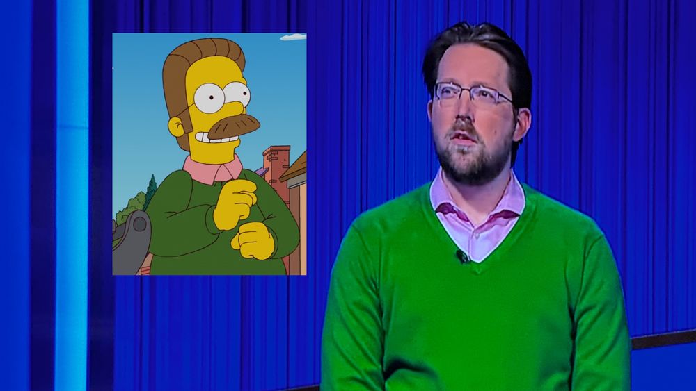 Under the unsettling, cosmic blue glow of a Jeopardy backdrop, a contestant unintentionally embodies Ned Flanders from The Simpsons. Ned’s cartoonish optimism contrasts painfully with the contestant’s uncertain gaze, suggesting an eerie realization: that he, too, may be a fabricated character, his identity reduced to mere mimicry—caught eternally within the scripted trivia of an indifferent universe.
