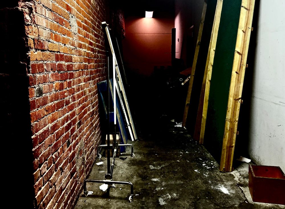 A hollow passage yawns open like a wound left untended, brick walls slick with decay, glistening beneath a dim light reminiscent of pale, failing flesh. Forgotten furniture and broken boards lean limply, bones cast aside by a careless hand, while the deepening shadows at the hallway’s throat pulse slowly, waiting to swallow whole every futile attempt at existence.