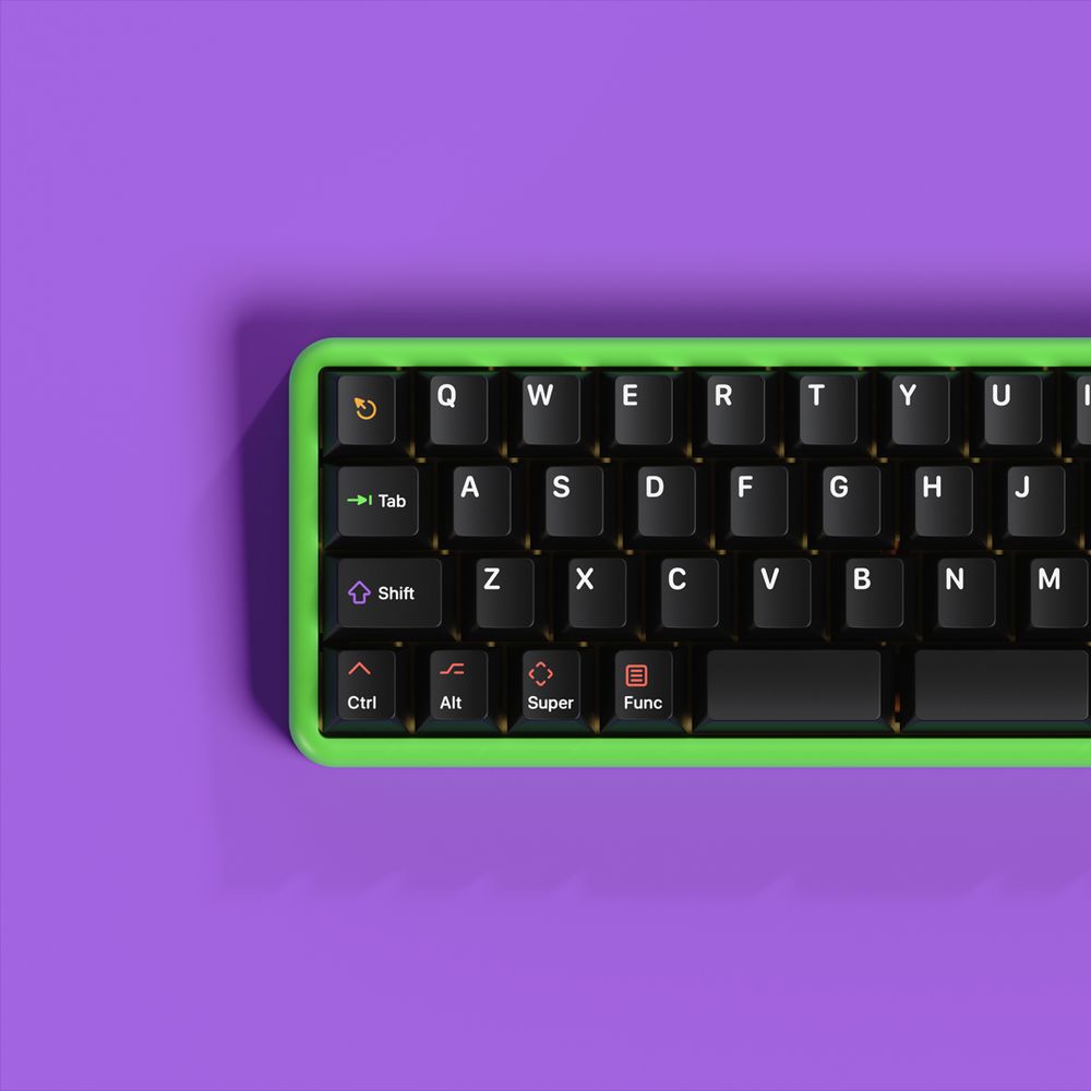 A tiny 40% mechanical keyboard in bright green with black keycaps and white legends, and several smaller modifier keys with white legends and colourful icons