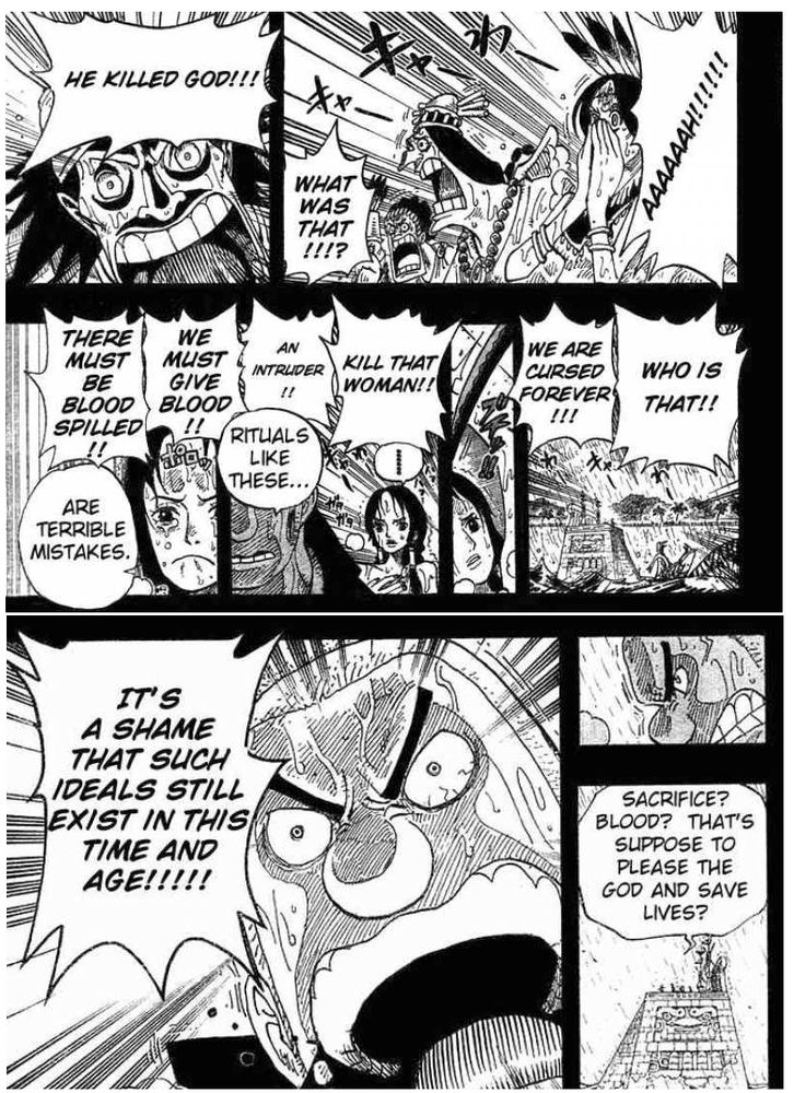 Man arrives at a foreign land and stops the ongoing ritual of the natives. The ritual involves the public execution of a woman, with the promise that spilling her blood will somehow improve the lives of that society. The Man denounces this practice by saying "It's  a shame that such ideals still exist in this time and age"`