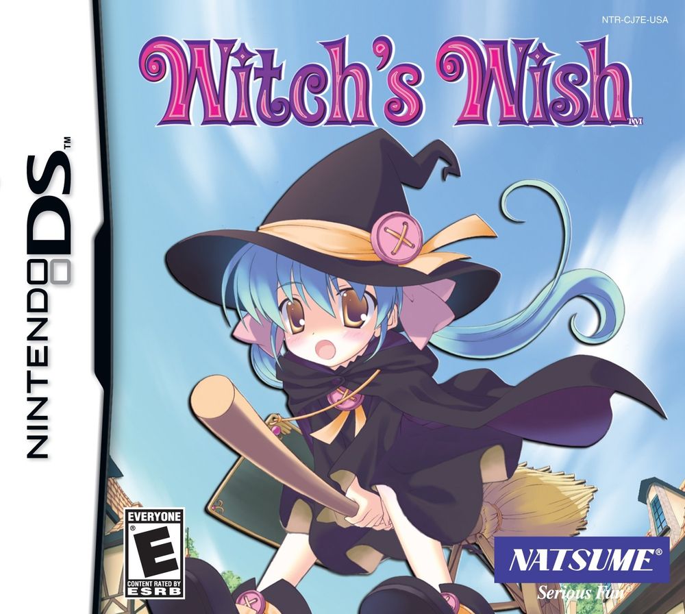 Cover of the Nintendo DS game "Witch's Wish", features a blue-haired anime witch flying in a broomstick (Vicky).