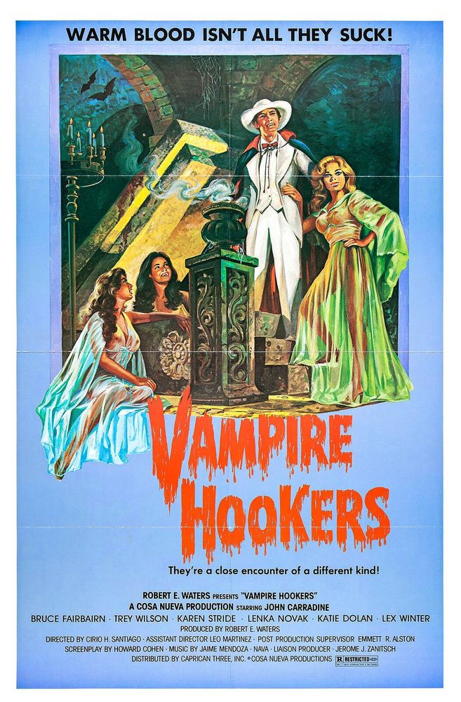A pimp vampire in an all-white suit and hat but with a dracula cape stands next to an open crypt with three beautiful women surrounding him

Tagline "Warm blood isn't all they suck"