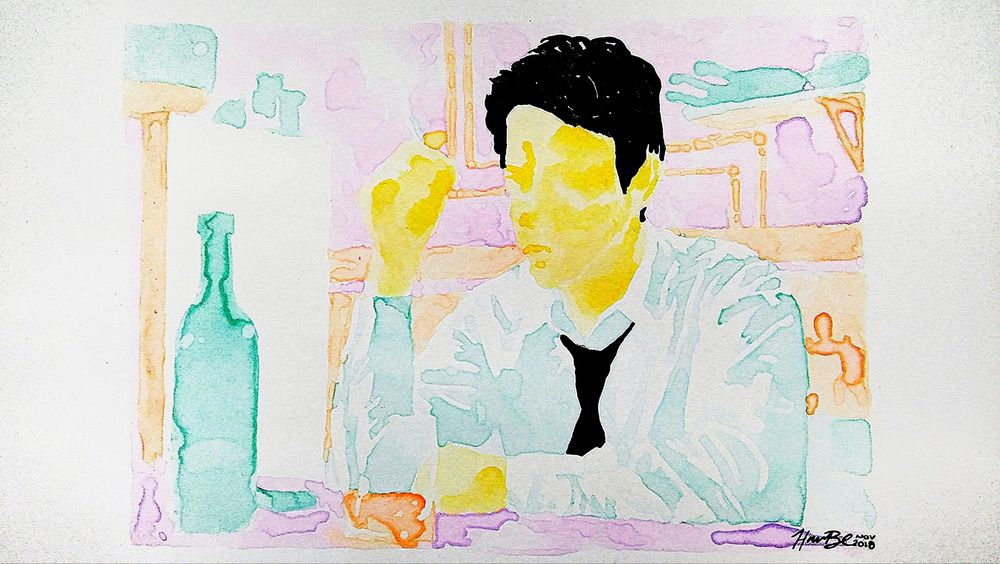 Keanu as John Constantine sitting at his kitchen table, bottle of booze and a glass in front if him, cigarette in hand. Rendered in yellow, lavender, orange, and teal watercolors with black ink for John's hair & tie