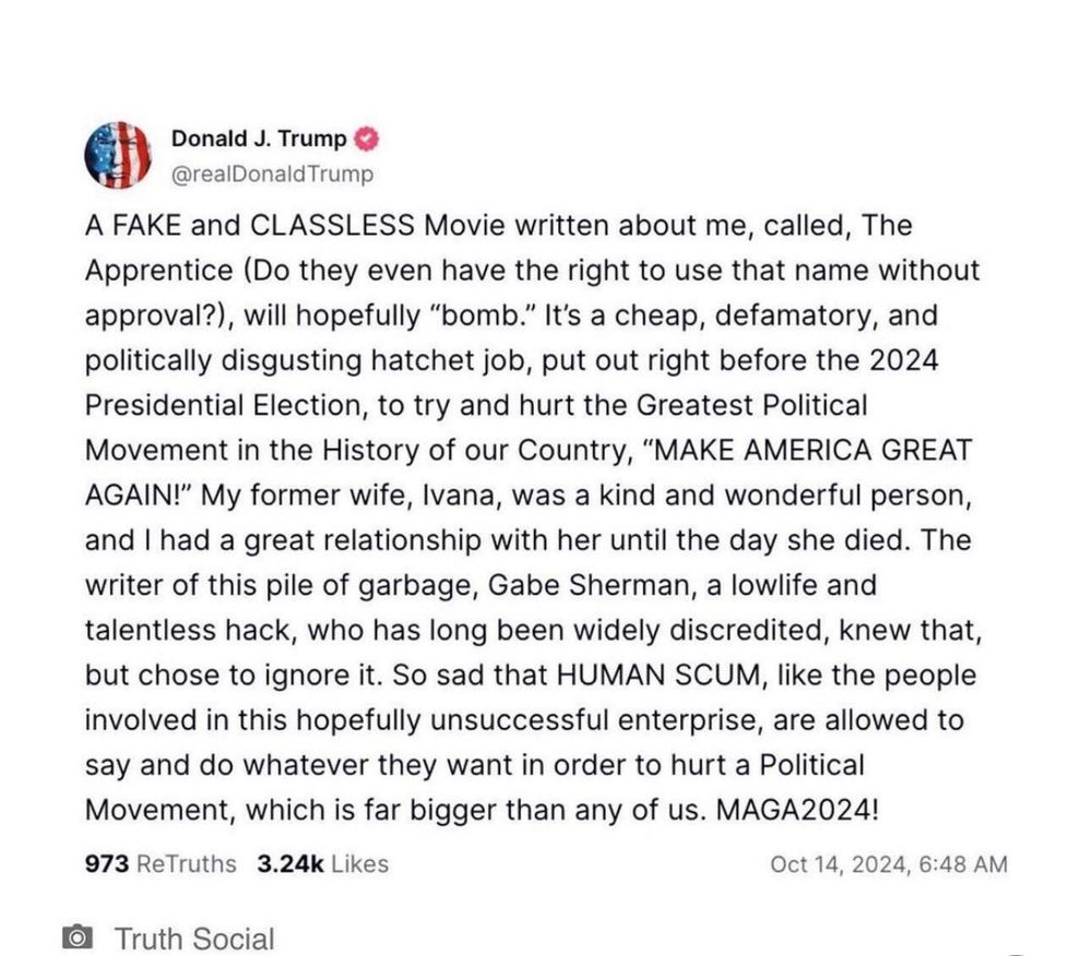 Donald Trump on Truth Social criticizing The Apprentice Trump-style. Sorry I won't transcribe his entire post but it's the same, words like FAKE and CLASSLESS and HUMAN SCUM etc etc.  