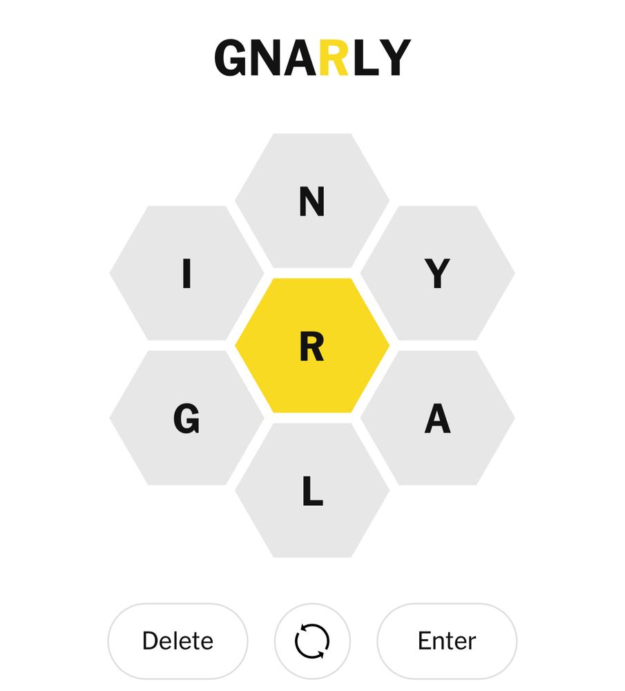 Screenshot of today's Spelling Bee puzzle showing the word "GNARLY", just like the hit song. 