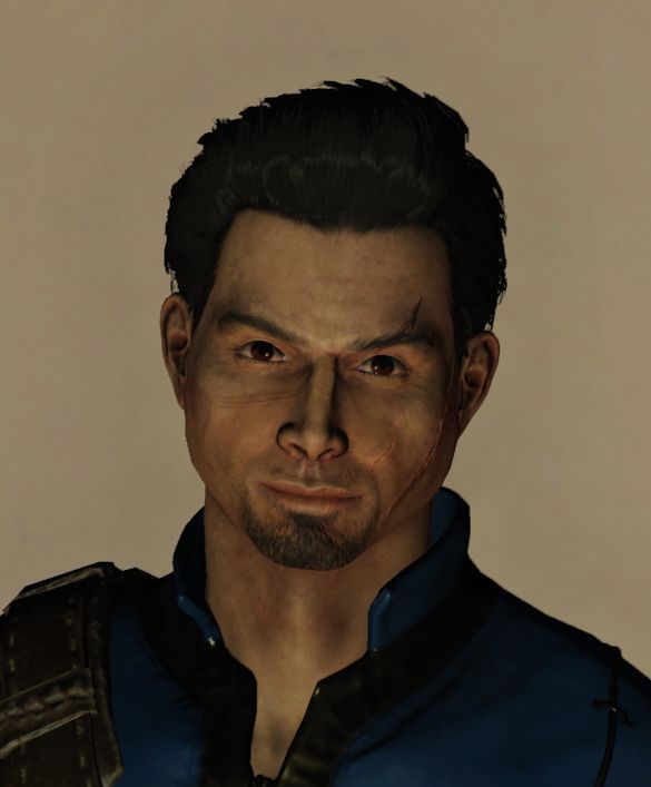 Fallout 76 character made in the likeness of Twig from Nuka Break. White man with brown hair and eyes, scarring on his face, and wearing a blue and gold vault jumpsuit. He is staring down the camera.