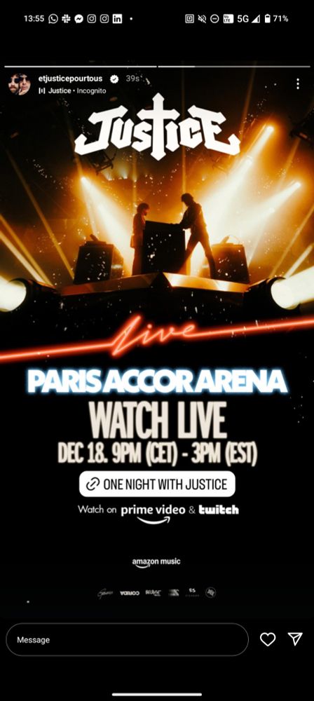 Visuel d'annonce du groupe Justice pour annoncer la diffusion de leur concert du 18 décembre 2024 à 19h en live sur Twitch et Prime Video