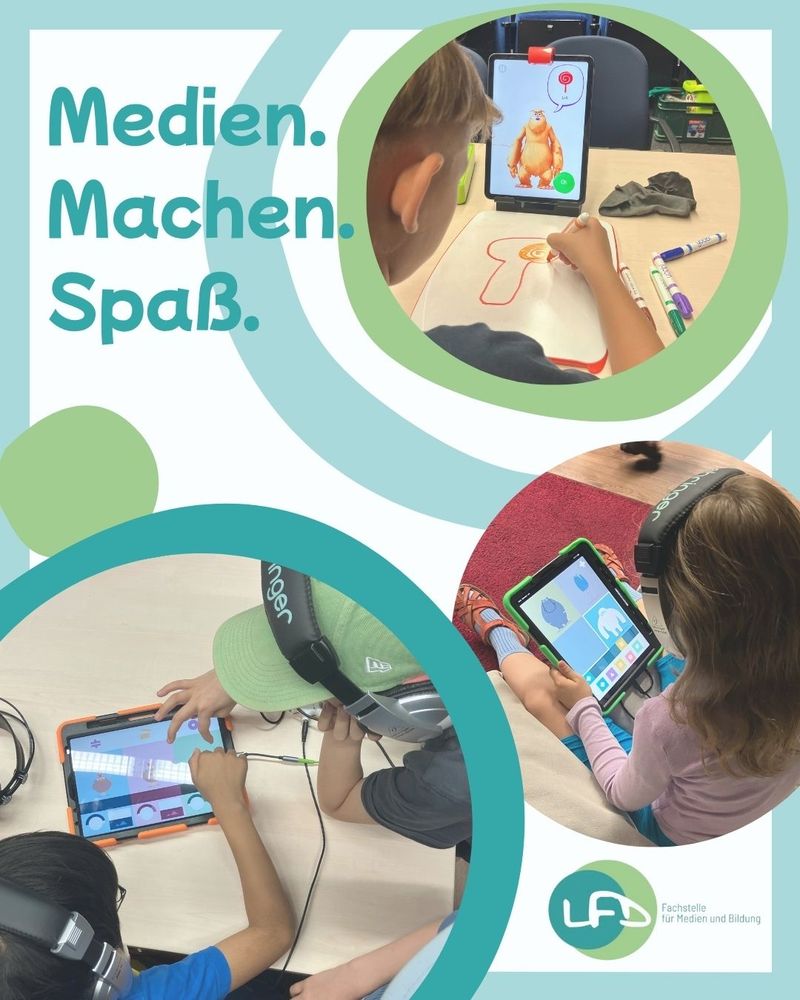 Drei Fotos, worauf Kinder mit Mediengeräten zu sehen sind, die sie benutzen.