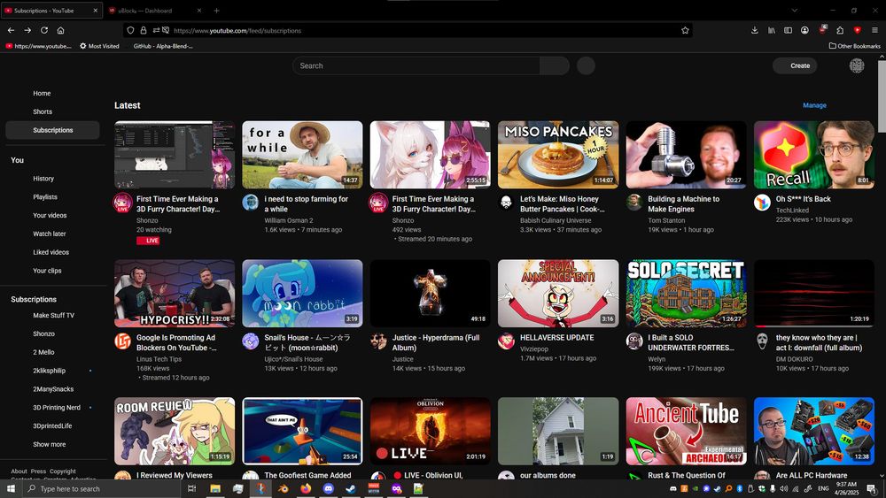 After: Something sensible for looking through your subscription feed. Thumbnails are only about a inch or two wide at the 6 per row setting allow for browsing through subscriptions much MUCH easier.