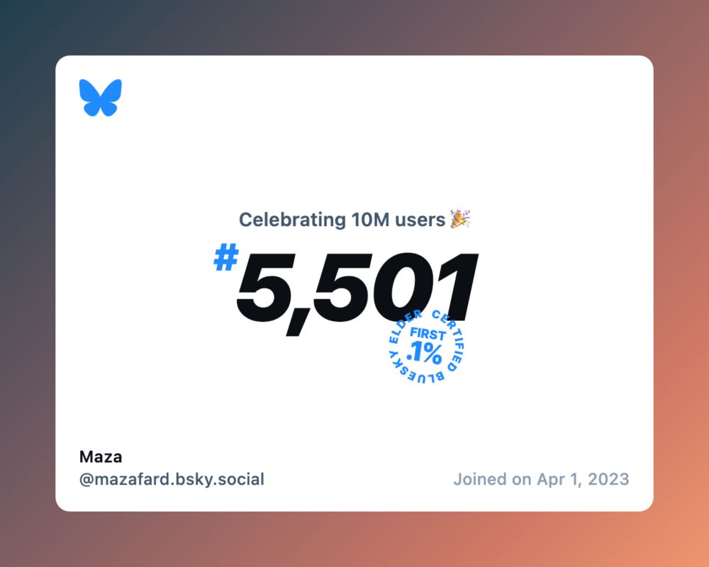 A virtual certificate with text "Celebrating 10M users on Bluesky, #5,501, Maza ‪@mazafard.bsky.social‬, joined on Apr 1, 2023"