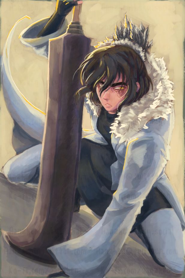 My character Secretary, posing like an anime character with her giant very cumbersome weapon.