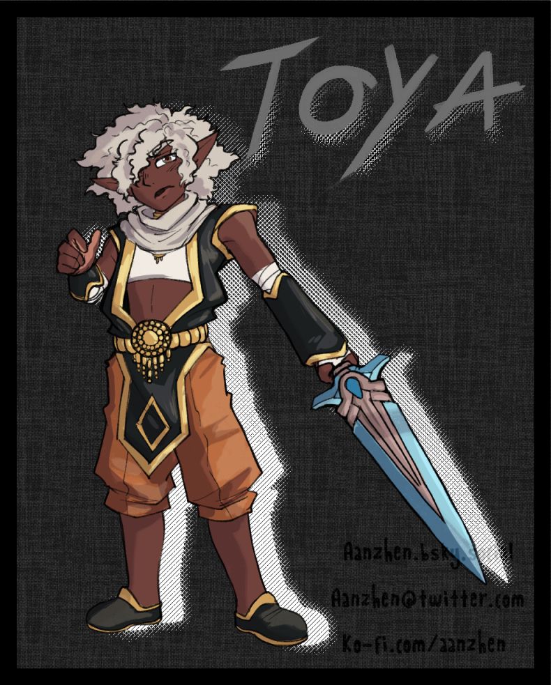 A young boy with white hair wearing a black, gold and orange outfit holding a sword with a serious expression.