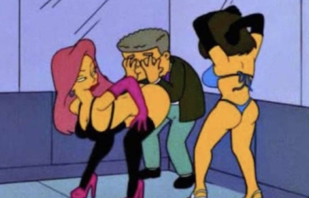 Smithers cowers in corner from a couple of strippers